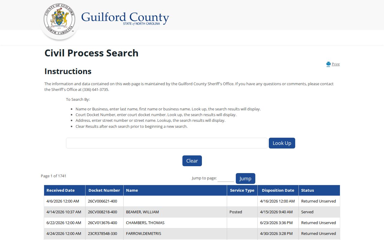 Guilford County civil process search distinguished from arrest warrants