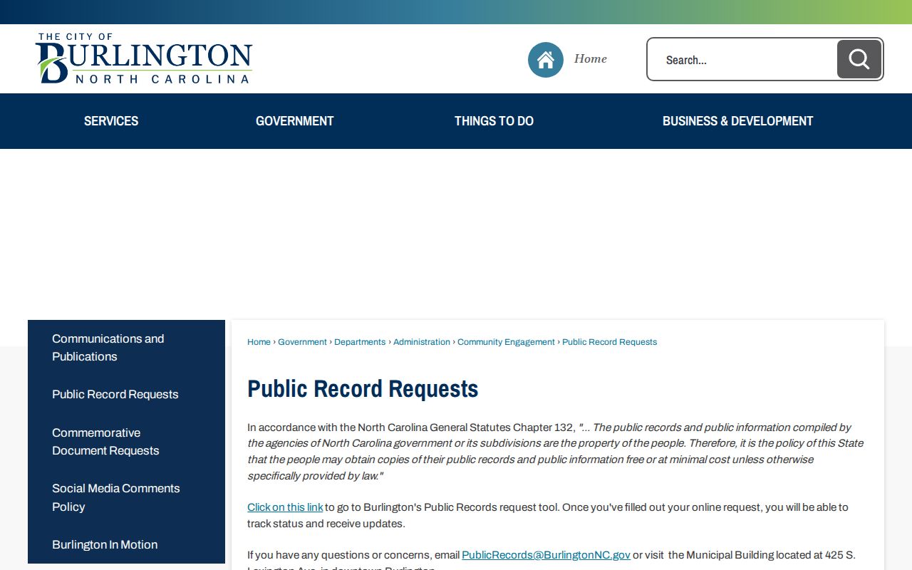 Burlington North Carolina public records request page